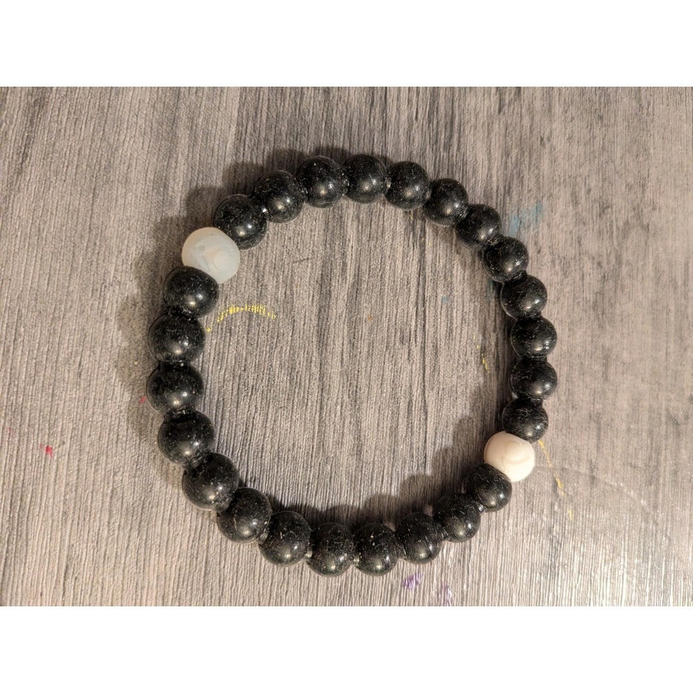 Black Beaded Stretch Bracelet White Shell Accent Bead Minimalist Boho Jewelry